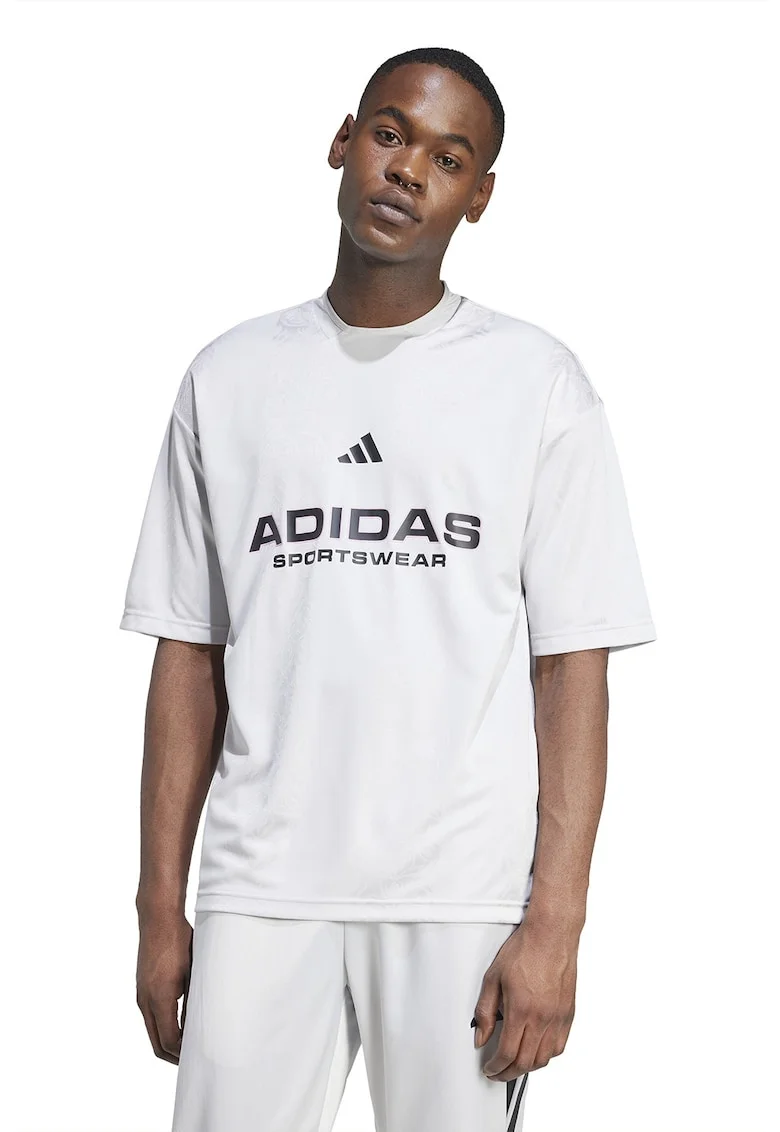 Tricou cu decolteu la baza gatului si imprimeu logo, Alb/Negru