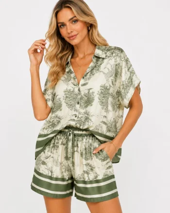 Set Shells bluza cu nasturi si pantalon scurt din mix matase Off White Green