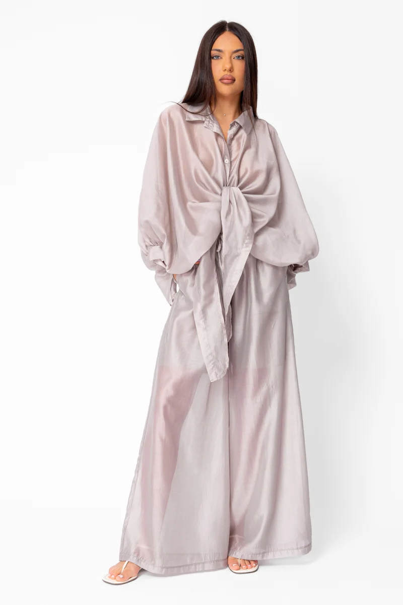 Set Summer Shells camasa si Pantalon lung din mix matase Taupe
