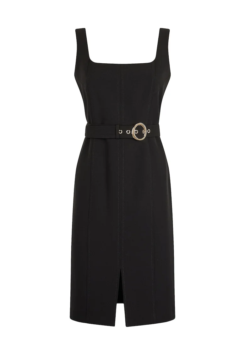 Rochie-creion cu decolteu patrat si curea in talie, Negru