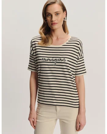 Tricou cu margele, dungi si decolteu rotund, Negru/Bej inchis