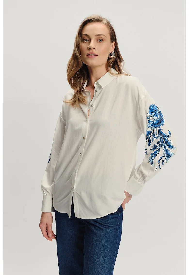 Camasa lejera cu maneci cu model floral, Alb fildes/Albastru