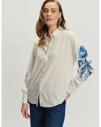 Camasa lejera cu maneci cu model floral, Alb fildes/Albastru