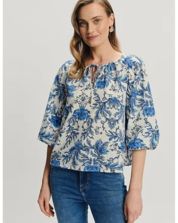 Bluza-tunica cu maneci 3/4, Bej/Albastru