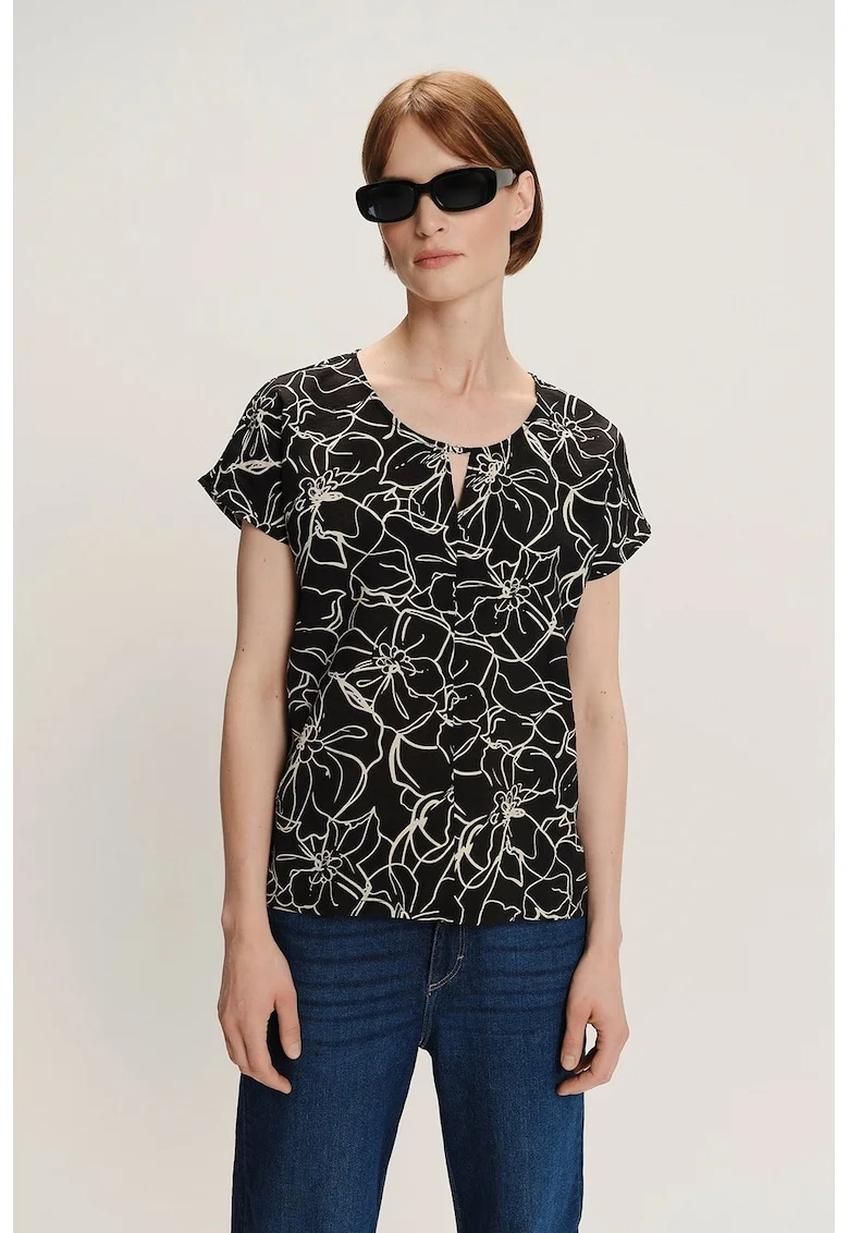 Bluza cu maneci scurte si model, Negru/Bej