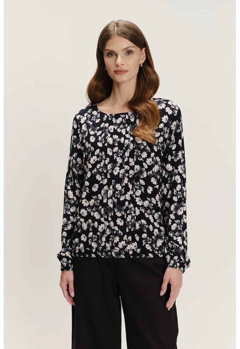 Bluza cu decolteu rotund si model, Alb fildes/Negru