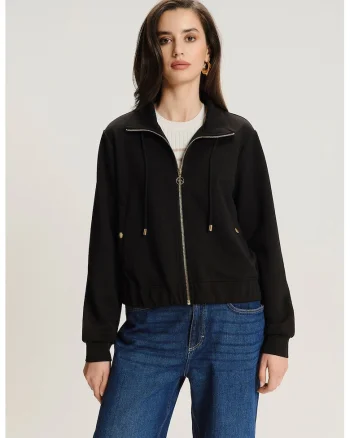 Bluza de trening cu terminatie elastica si fermoar, Negru