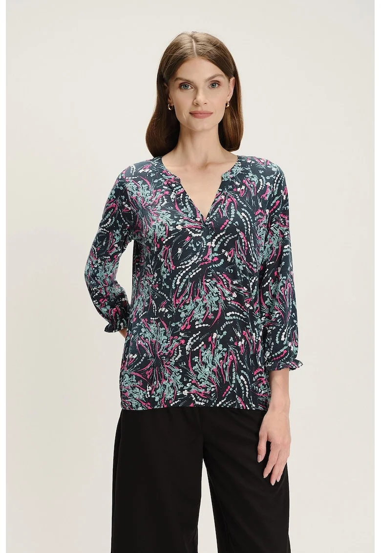 Bluza cu decolteu caftan si model, Negru/Fucsia/Gri cenusiu