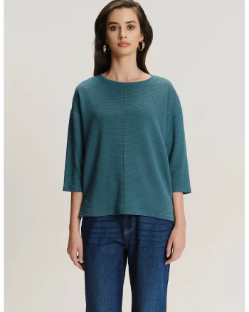 Bluza striata cu maneci medii, Albastru petrol
