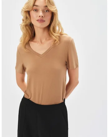 Tricou cu decolteu in V, Maro nisip