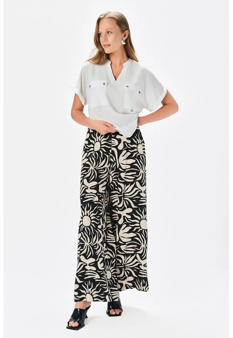 Pantaloni cu model, croiala ampla si buzunare laterale, Negru/Crem