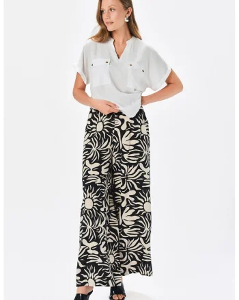 Pantaloni cu model, croiala ampla si buzunare laterale, Negru/Crem
