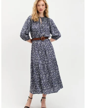 Rochie cu model si maneci bufante, Alb/Albastru prafuit