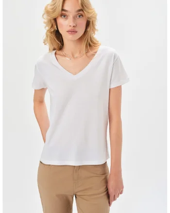 Tricou de bumbac cu decolteu in V, Alb optic