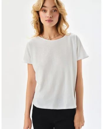 Tricou de bumbac cu decolteu rotund, Alb optic