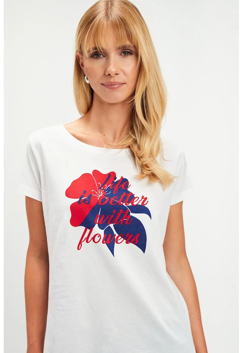 Tricou cu imprimeu floral, Alb optic/Rosu vermillion