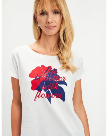 Tricou cu imprimeu floral, Alb optic/Rosu vermillion