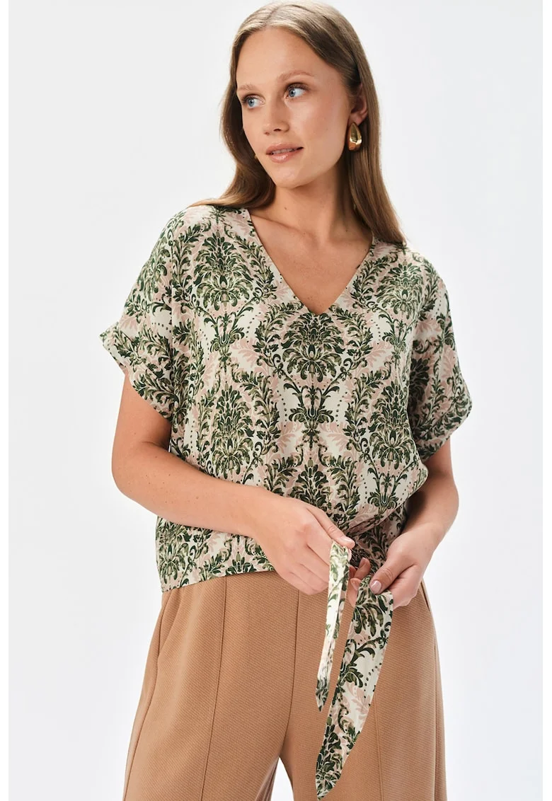 Bluza cu guler tunica si motive orientale, Alb/Verde englez/Roz prafuit