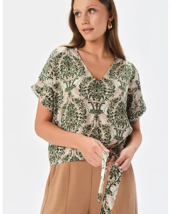 Bluza cu guler tunica si motive orientale, Alb/Verde englez/Roz prafuit