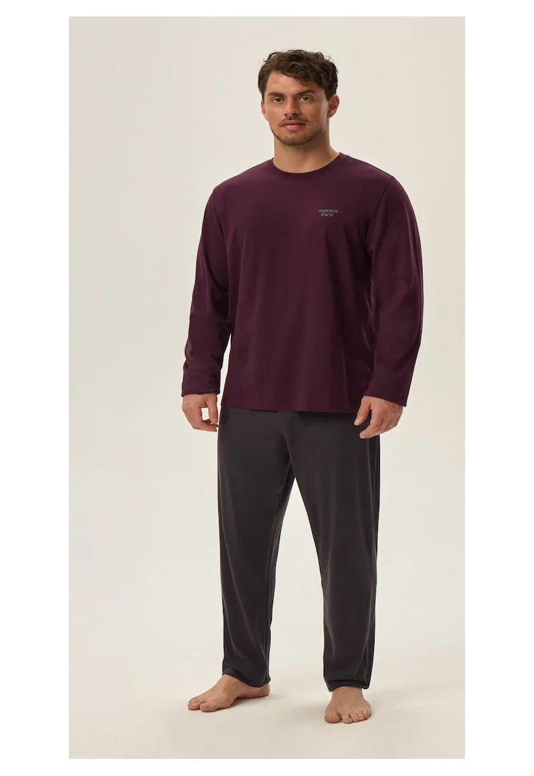 Pijama barbati  Hoax, bumbac, violet-gri, maneca lunga, pantaloni lungi, set bluza si pantaloni