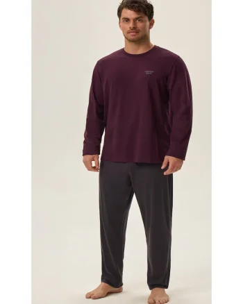 Pijama barbati  Hoax, bumbac, violet-gri, maneca lunga, pantaloni lungi, set bluza si pantaloni