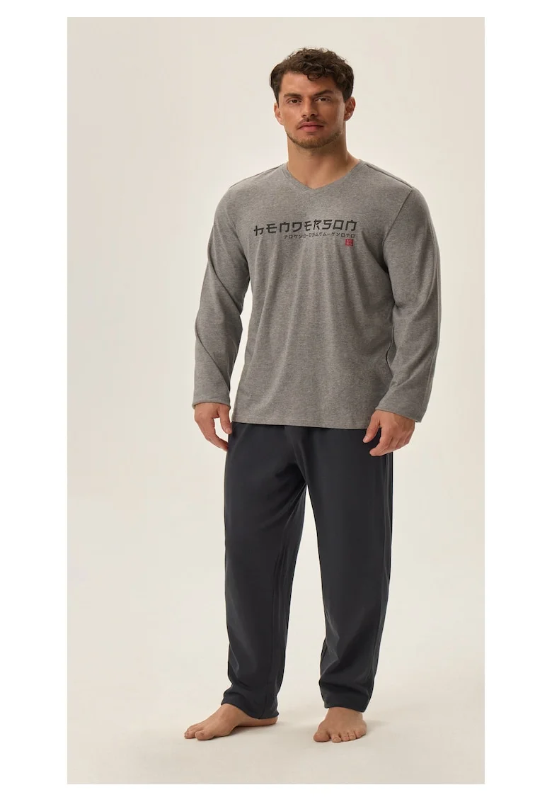 Pijama barbati  gri si bleumarin, bumbac, maneca lunga, set bluza si pantaloni