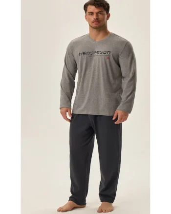 Pijama barbati  gri si bleumarin, bumbac, maneca lunga, set bluza si pantaloni