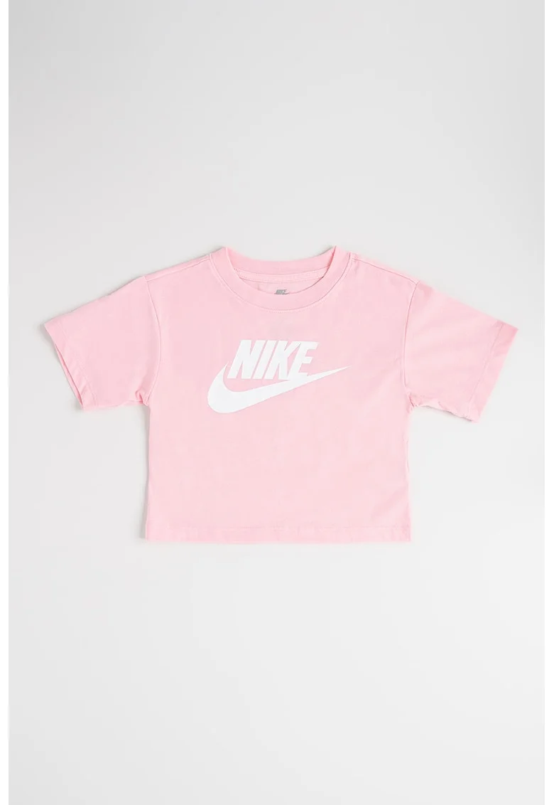 Tricou cu imprimeu logo si decolteu la baza gatului, Alb/Roz pastel