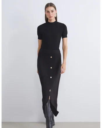 Fusta midi tricotata cu nasturi decorativi, Negru