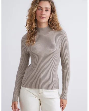 Pulover striat cu model uni, Maro taupe deschis