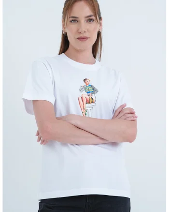 Tricou din bumbac cu imprimeu grafic, Alb optic/Albastru