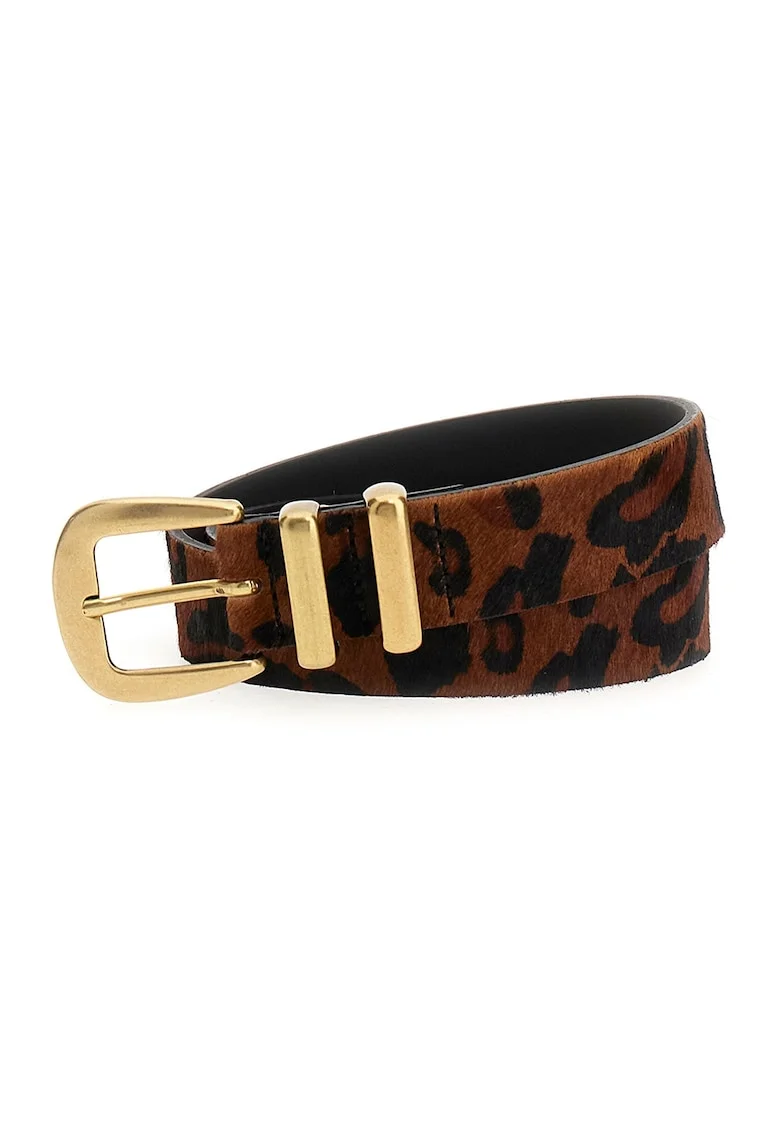 Curea din piele cu par scurt si animal print, Maro inchis/Maro scortisoara