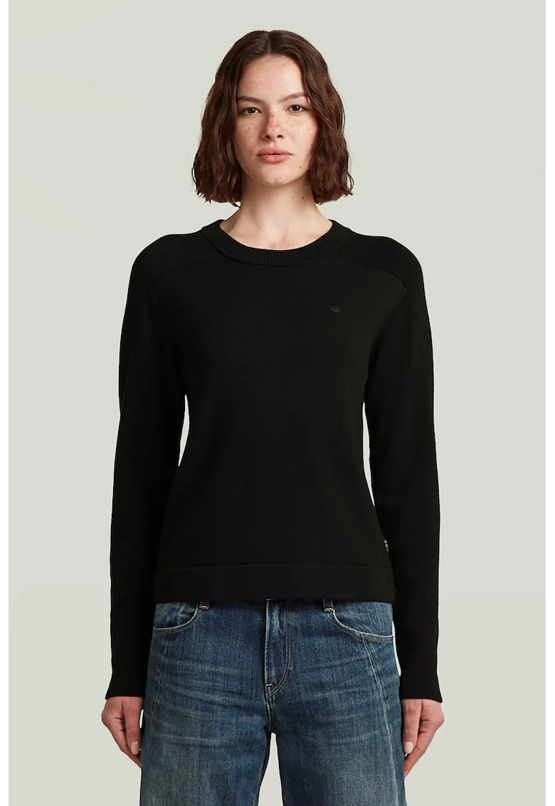 Pulover tricotat din lana cu model uni si guler rotund, Negru