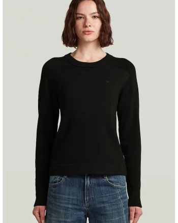 Pulover tricotat din lana cu model uni si guler rotund, Negru