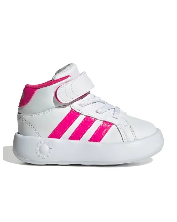 Pantofi sport mid-high de piele ecologica cu velcro Grand Court, Alb optic/Roz