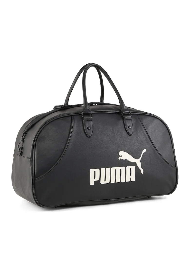 Geanta duffle din piele ecologica cu logo si model unisex, Alb/Negru