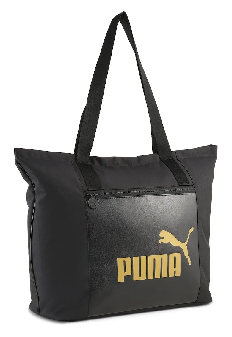 Geanta shopper din material textil cu buzunar frontal cu fermoar, Auriu/Negru