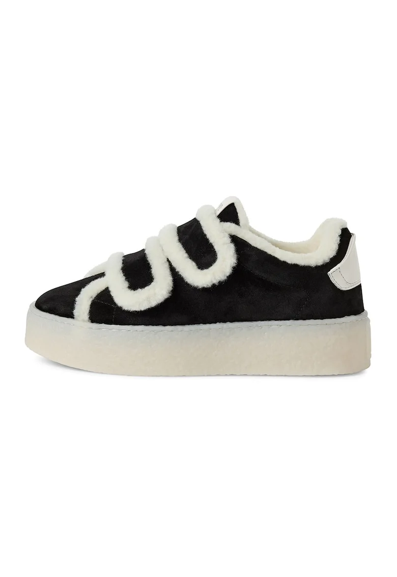 Pantofi sport din piele intoarsa cu garnituri din lana si velcro, Negru/Alb murdar