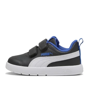 Pantofi sport Courtflex din piele ecologica cu velcro, Alb/Negru/Albastru royal