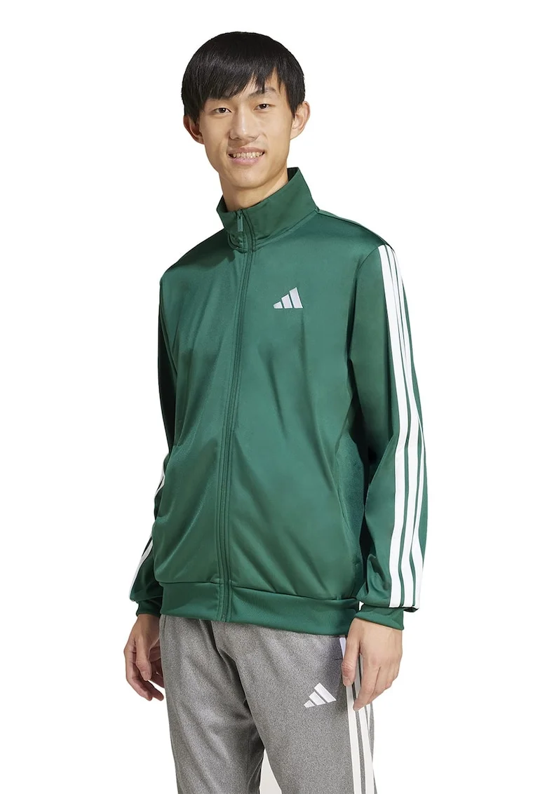 Bluza de trening cu fermoar si benzi logo contrastante, Alb optic/Verde aquamarin