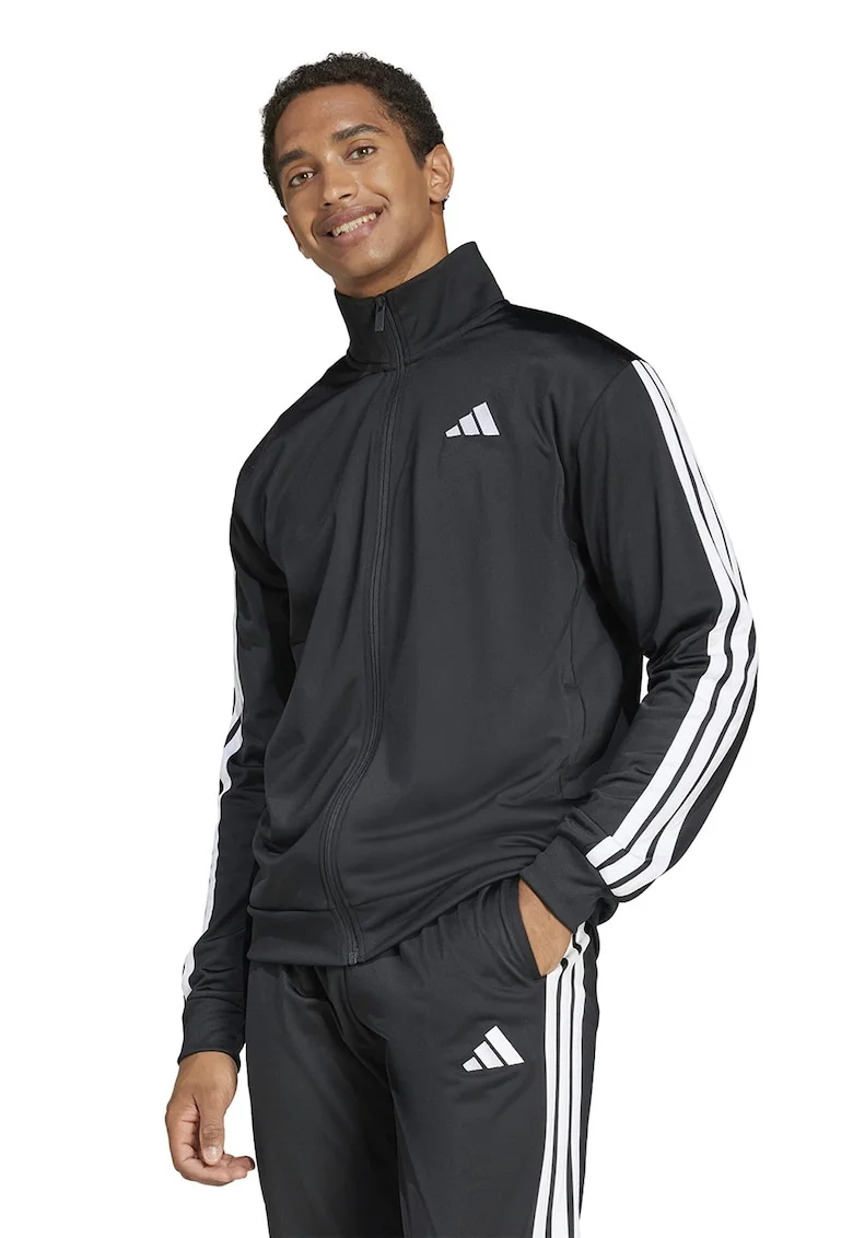 Bluza de trening cu fermoar si benzi logo contrastante, Negru/Alb optic