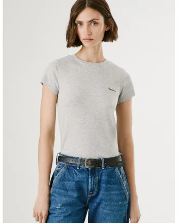 Tricou cu decolteu la baza gatului si logo brodat, Gri deschis