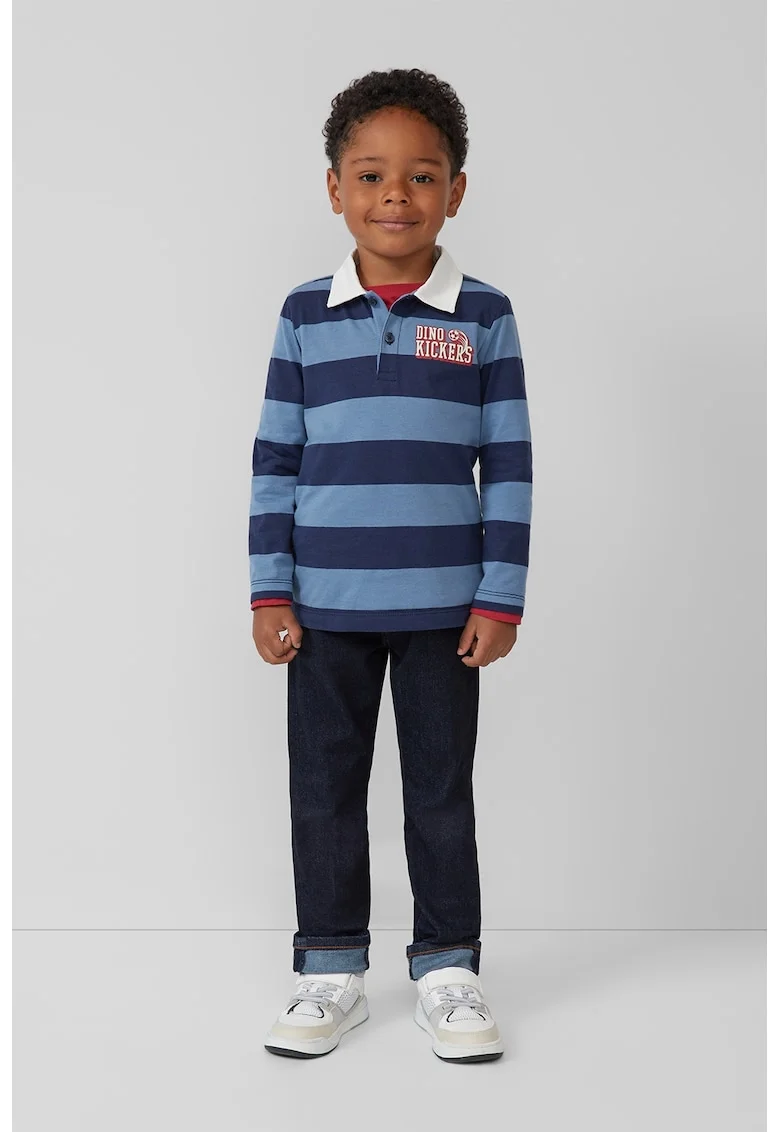 Bluza polo cu imprimeu text si dungi, Albastru prafuit/Bleumarin