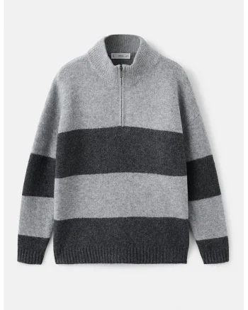 Pulover cu model in dungi si fermoar scurt, Gri deschis/Gri inchis