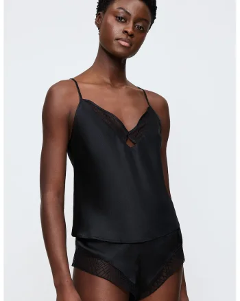 Top de pijama cu aspect satinat si insertii din dantela, Negru