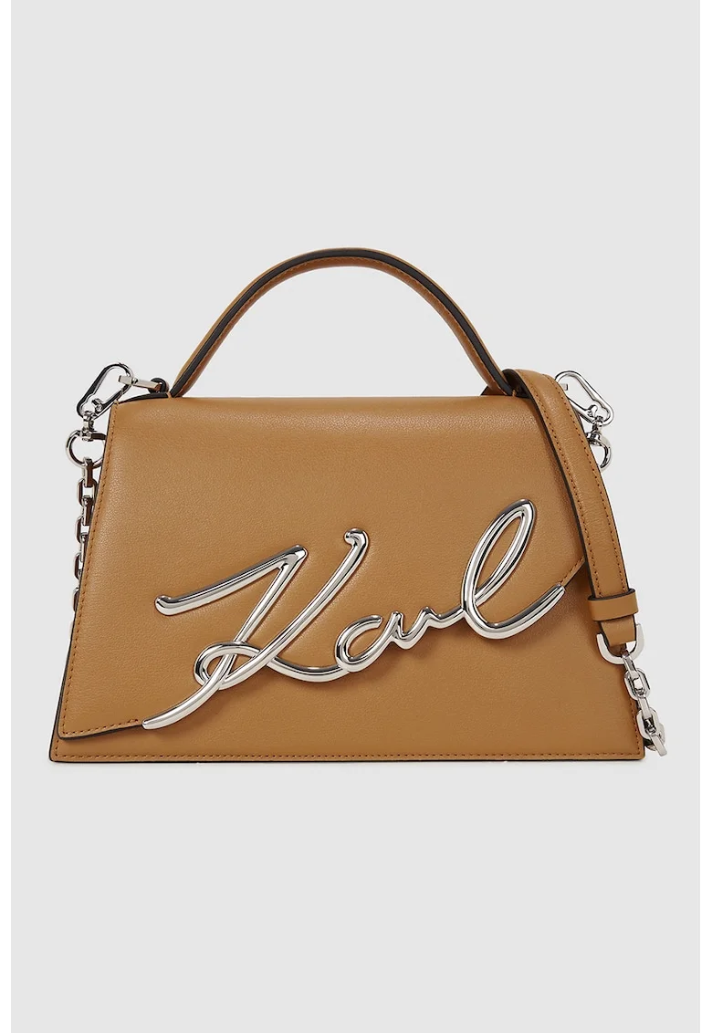Geanta din piele cu maner Signature, Caramel/Argintiu