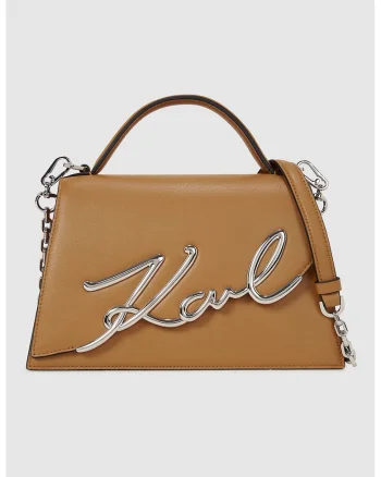 Geanta din piele cu maner Signature, Caramel/Argintiu