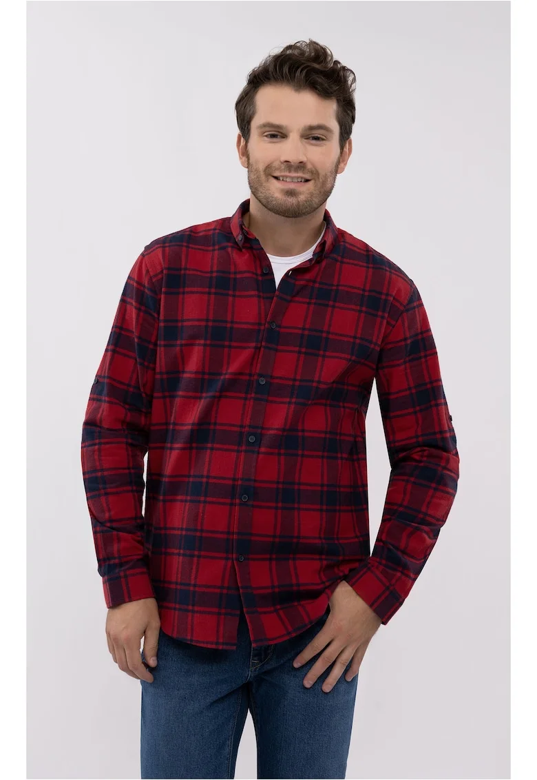 Camasa pentru barbati  K-Iseo, bumbac, maneca lunga, rosu cu carouri, Regular Fit