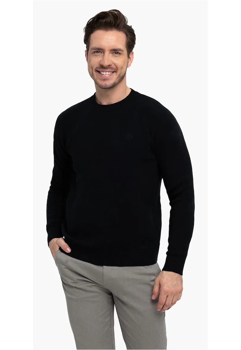 Pulover clasic din bumbac, decolteu la baza gatului,  S-Todd, Negru, Negru