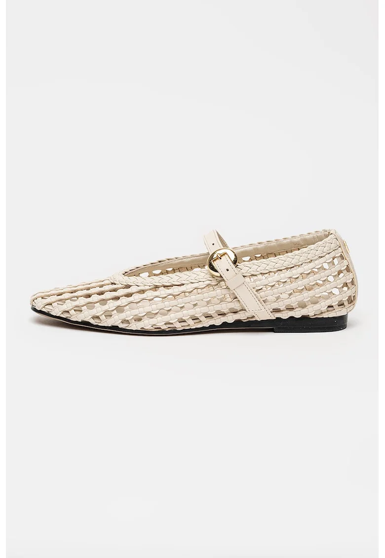 Balerini Mary Jane din piele ecologica cu design perforat, Bej inchis